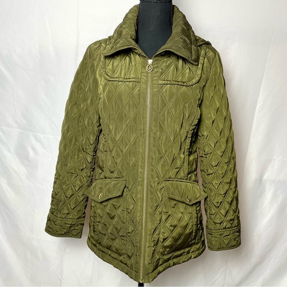Michael Kors Quilted Puffer Coat Jacket Green Hooded Women’s Small - Picture 1 of 14